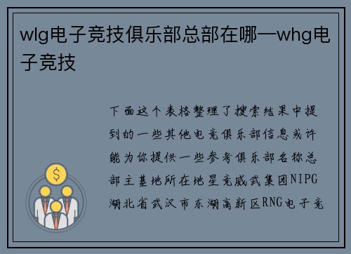 wlg电子竞技俱乐部总部在哪—whg电子竞技