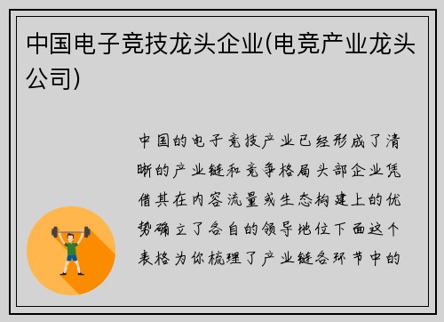 中国电子竞技龙头企业(电竞产业龙头公司)