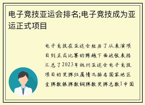 电子竞技亚运会排名;电子竞技成为亚运正式项目